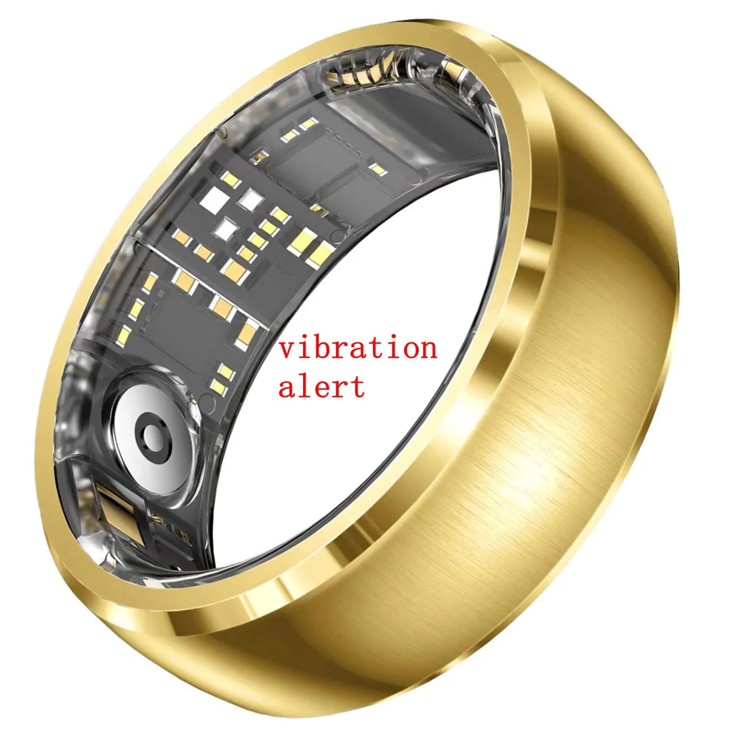 A sleek, brushed gold smart fitness ring showing the internal electronic sensors and vibration alert mechanism.