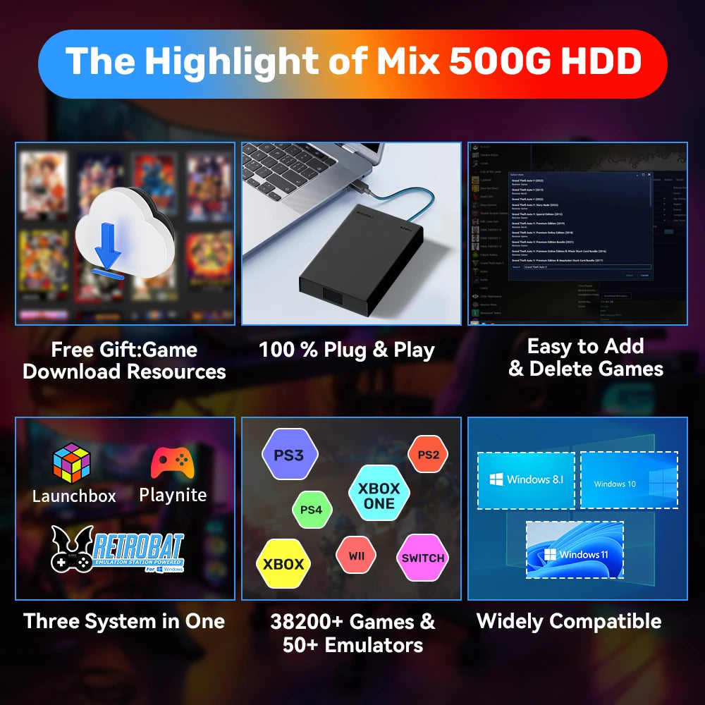 Black 500GB gaming hard drive connected to a laptop via a blue cable, displaying game menus and console logos.
