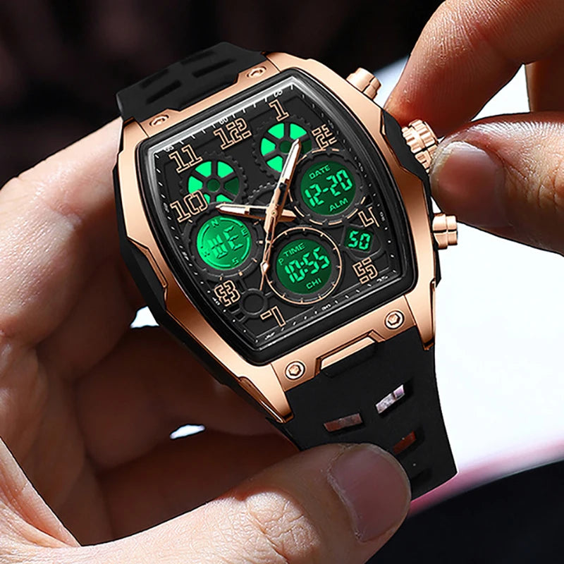 Rose gold and black dual-display sports watch with a tonneau case, black silicone band, and glowing green digital displays.