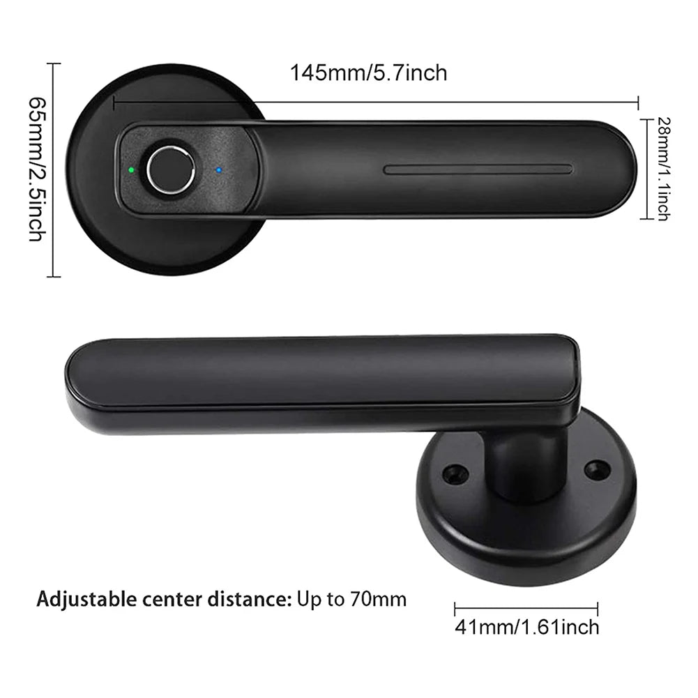 Matte black metal door handle with integrated circular fingerprint scanner and dimensions labeled in mm and inches.