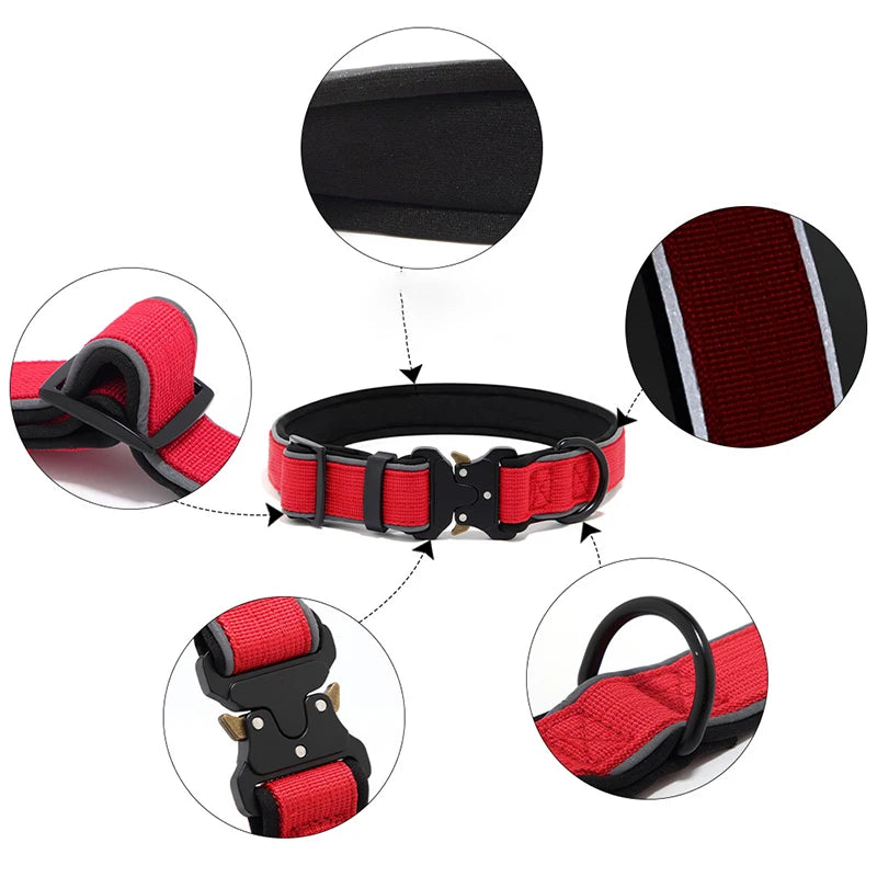 Red heavy-duty nylon dog collar with black metal buckle, D-ring, padding, and reflective trim detail.