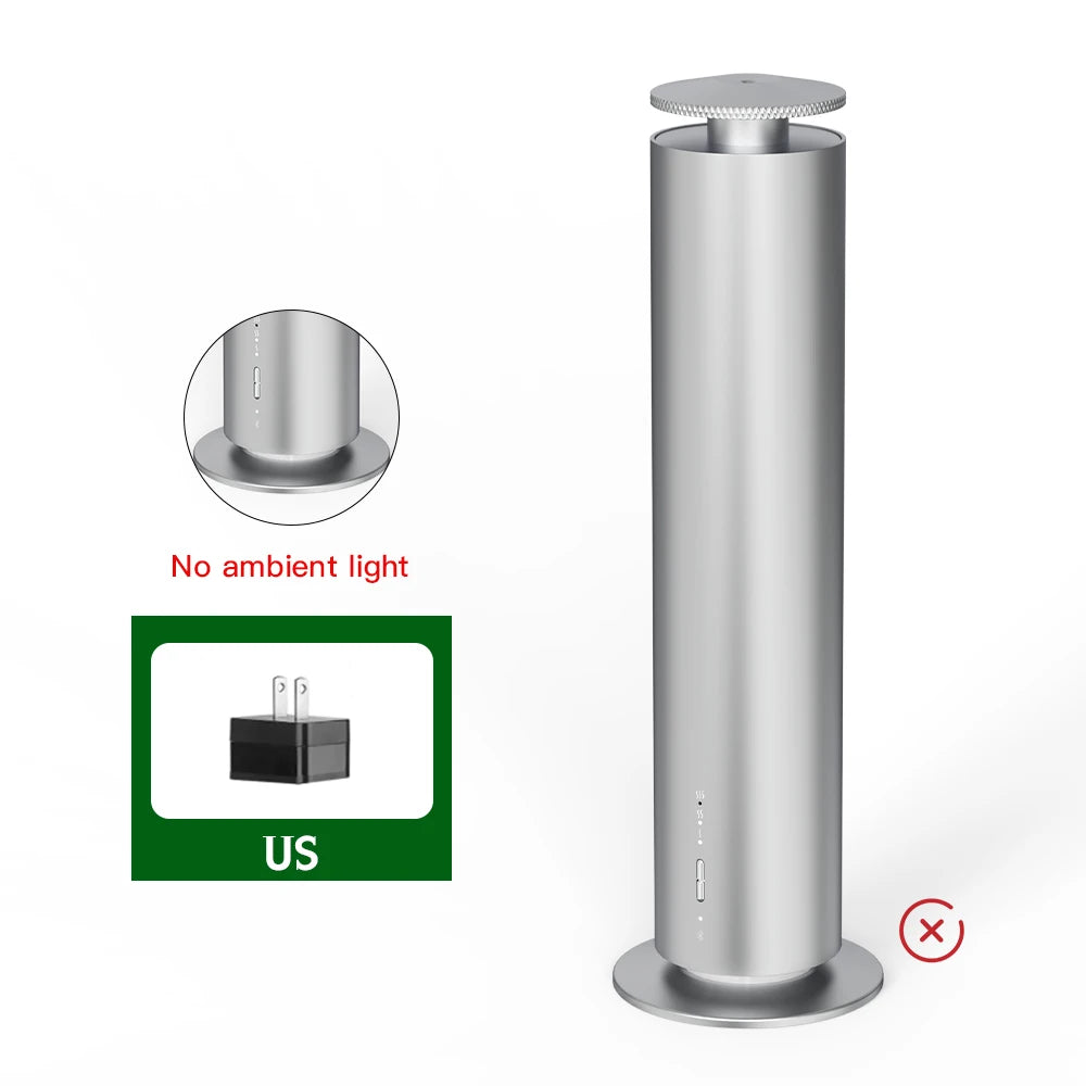 Sleek silver cylindrical aroma diffuser with a minimalist design, control buttons, and a US power plug.