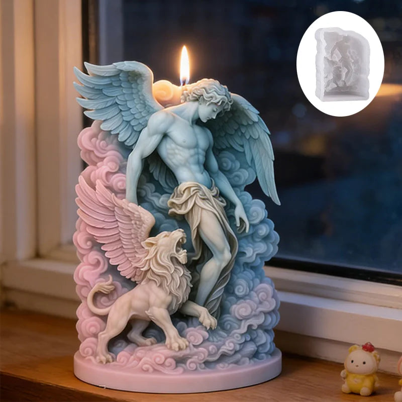 Pastel-toned candle featuring an angel and a winged lion in clouds, includes the corresponding silicone mould.