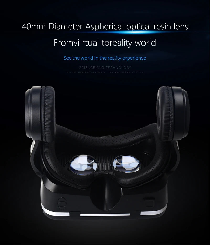 Black 3D virtual reality headset with integrated headphones, cushioned face pad and dual aspherical optical lenses.