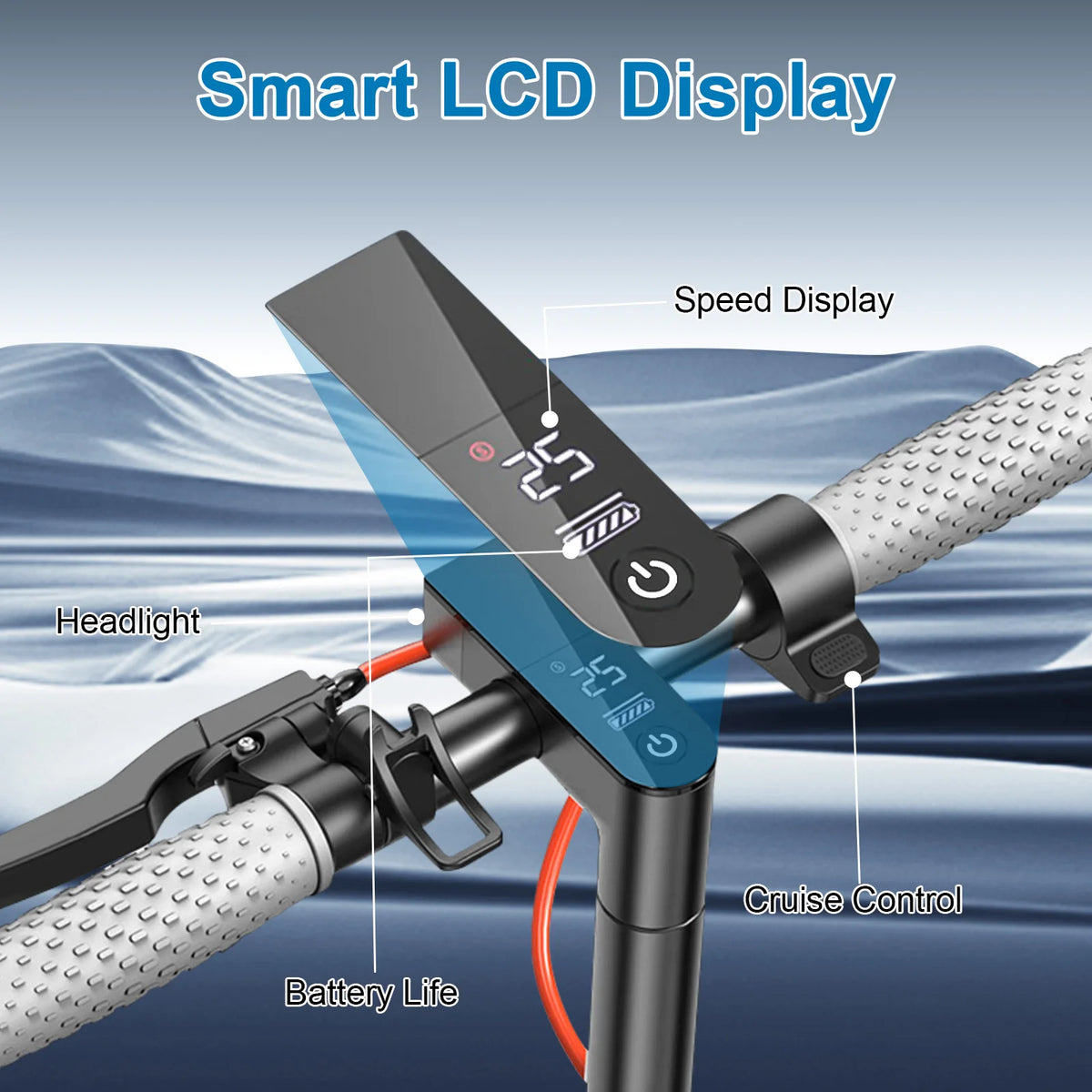 Black electric scooter handlebar featuring a smart LCD display, textured grips, and labeled control features.