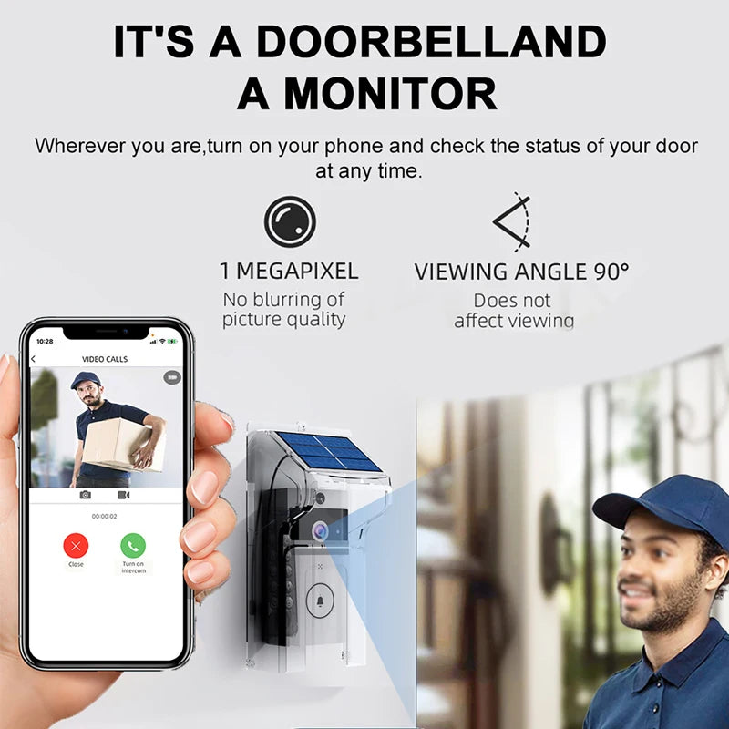 A modern white wireless solar-powered video doorbell with a 90-degree lens, shown being controlled via a smartphone app.