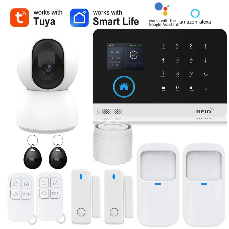 Wireless smart home security system with white camera, alarm keypad, motion sensors, door contacts and two RFID tags.