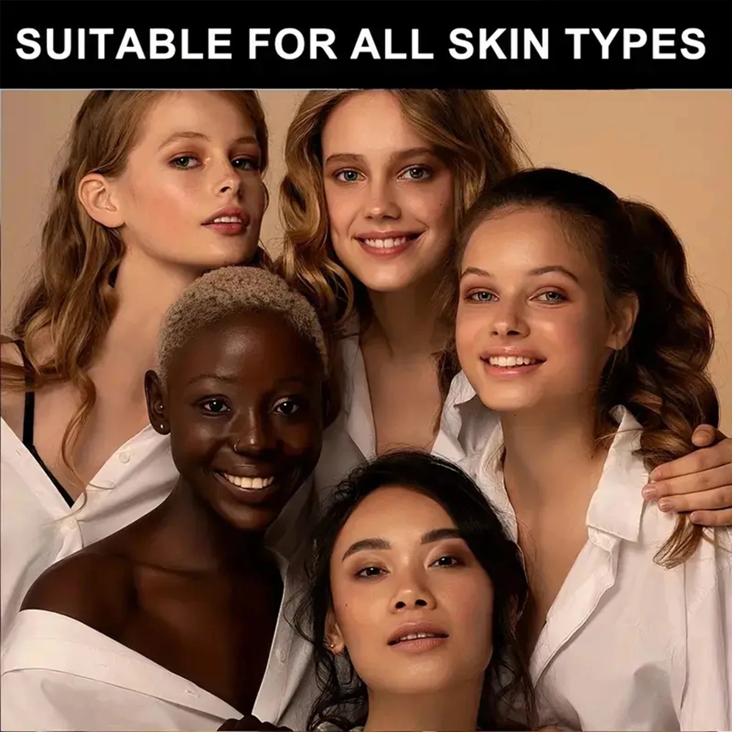 A diverse group of five smiling women with different skin tones wearing casual white shirts, looking at the camera.