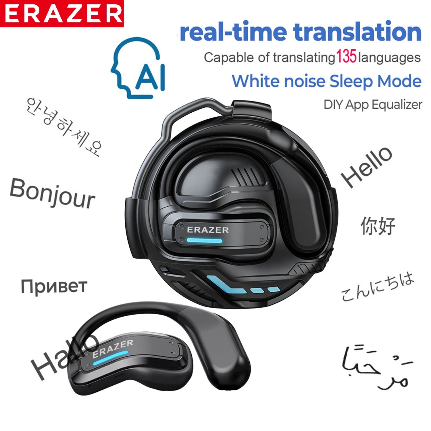 Black wireless translation earbuds featuring a sleek, modern design with glowing blue accents and a charging case.