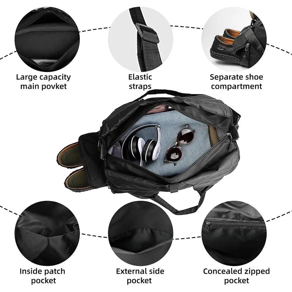 Black duffel bag showing features like main pocket, shoe compartment, and interior and exterior pockets.