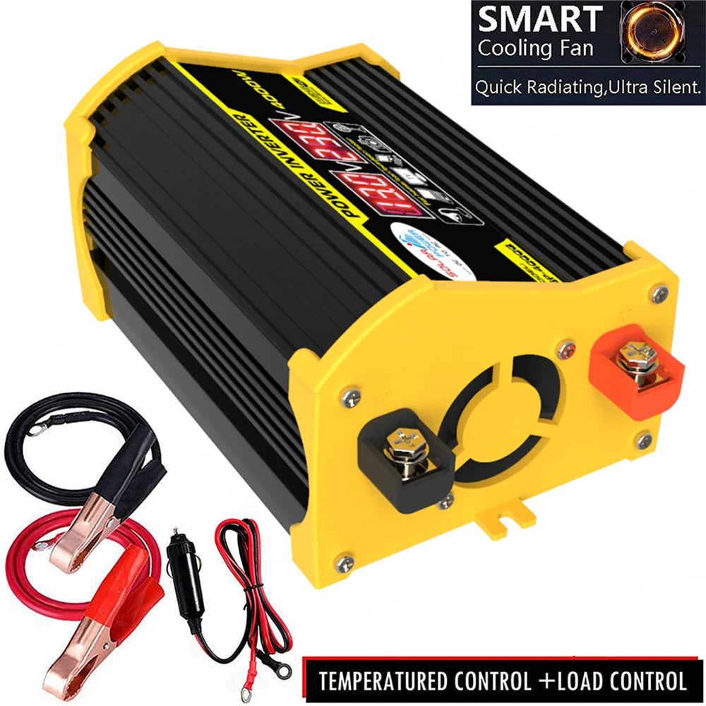 Black and yellow 4000W portable power inverter with cooling fan, battery cables, and cigarette lighter plug.