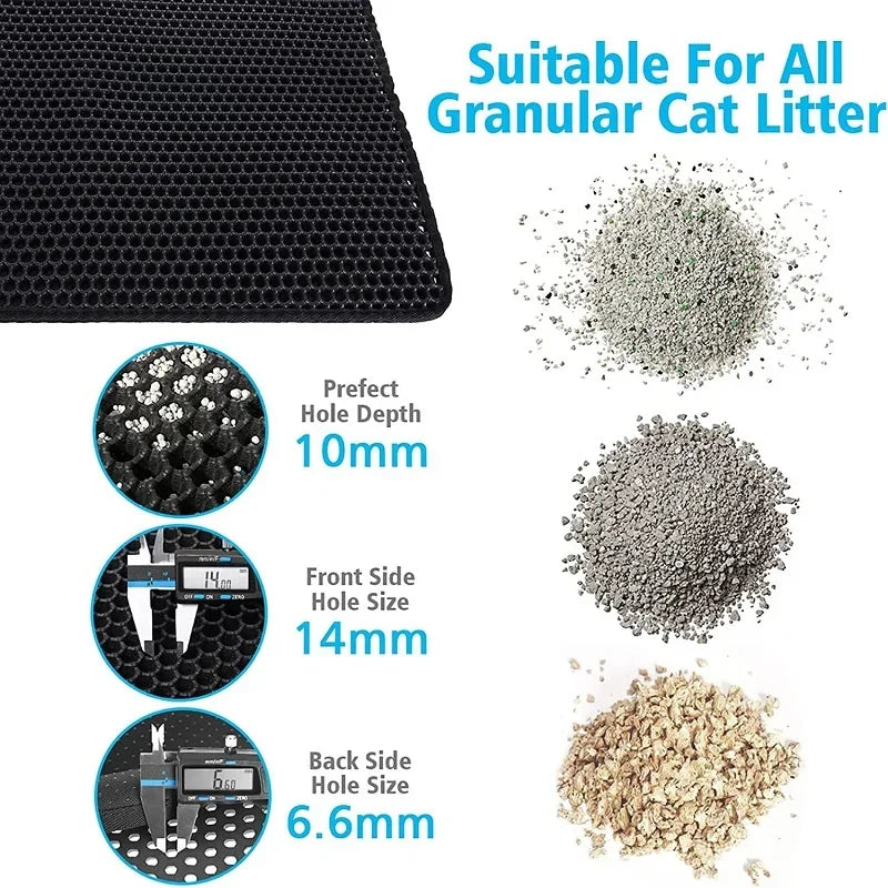Large black honeycomb cat litter mat with 10mm deep trapping holes suitable for various granular litter types.