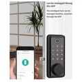 Black metal smart door lock with fingerprint scanner, digital keypad, and remote smartphone app control.