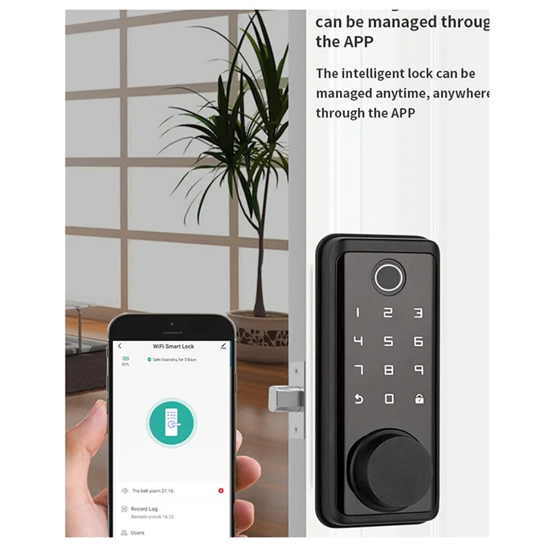 Black metal smart door lock with fingerprint scanner, digital keypad, and remote smartphone app control.