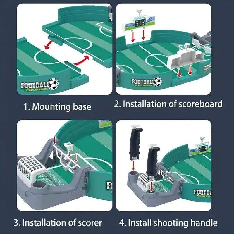 Four-step assembly guide for a green plastic tabletop football game with a scoreboard, goals, and shooting handles.