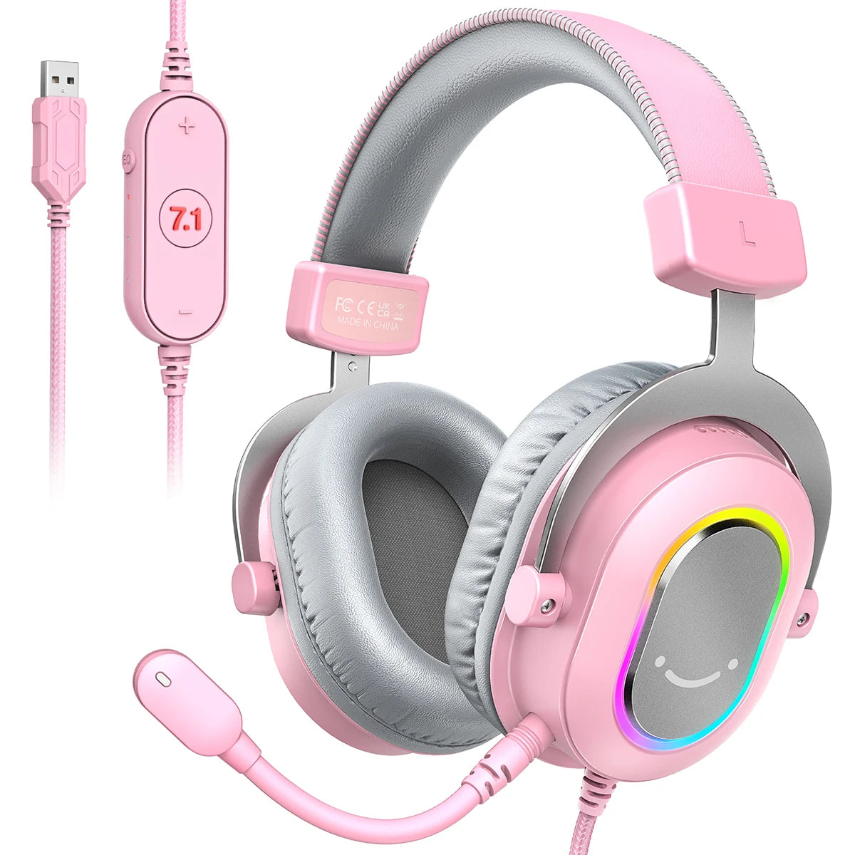 Pink gaming headset with grey cushions, built-in microphone, RGB light ring, and a 7.1 surround sound control remote.