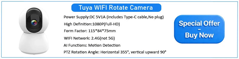 White 1080p wireless Wi-Fi security camera with 355-degree rotation and motion detection, shown with product specs.