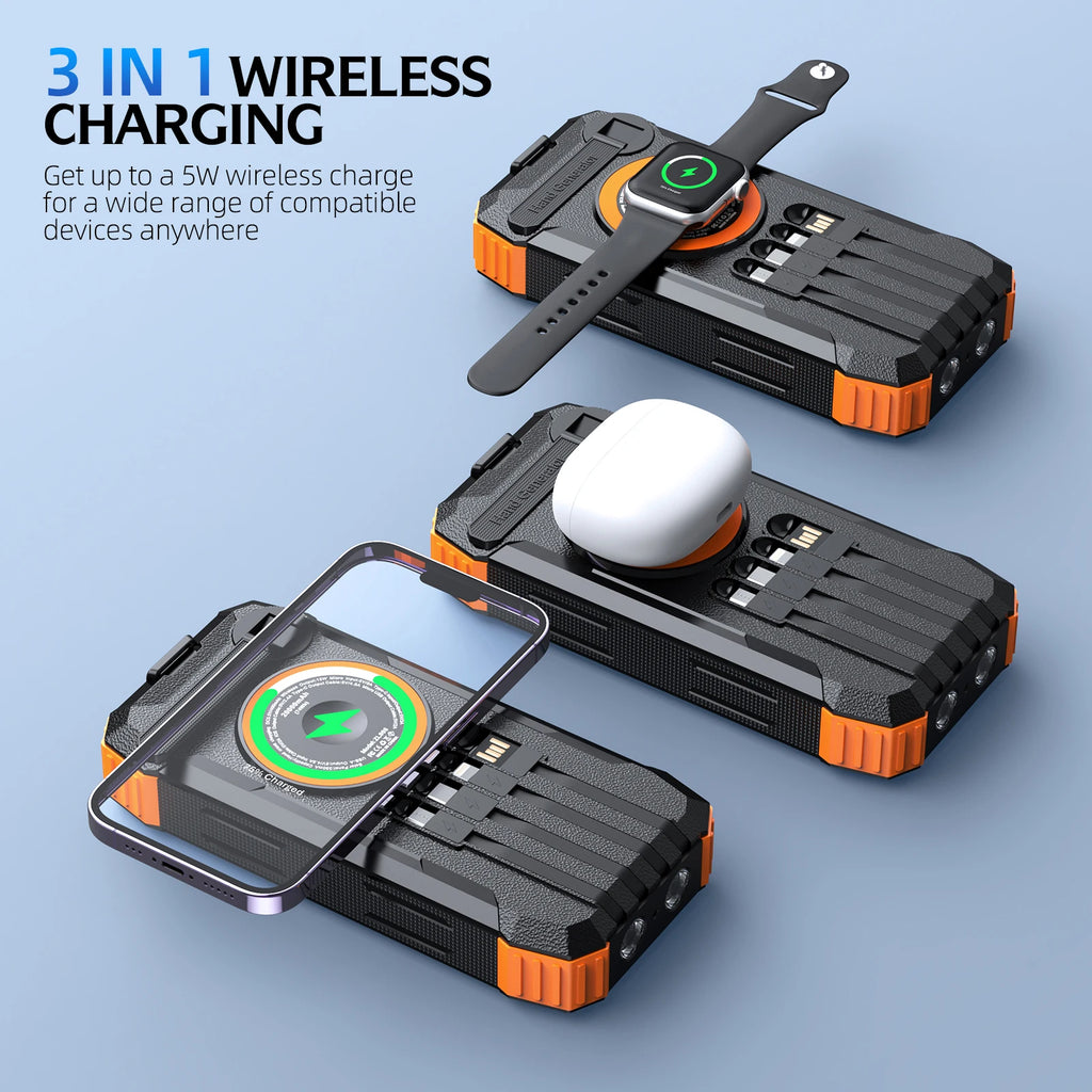 Rugged black and orange solar power bank wirelessly charging a smartwatch, earbuds and a smartphone simultaneously.