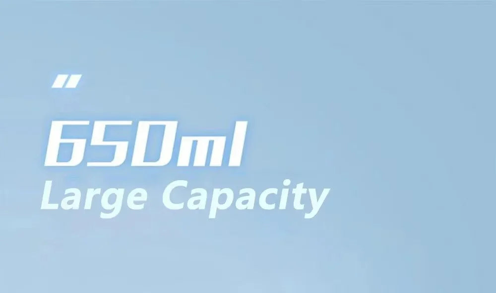 A light blue graphic with white text reading "650ml Large Capacity" in a modern, sans-serif font.