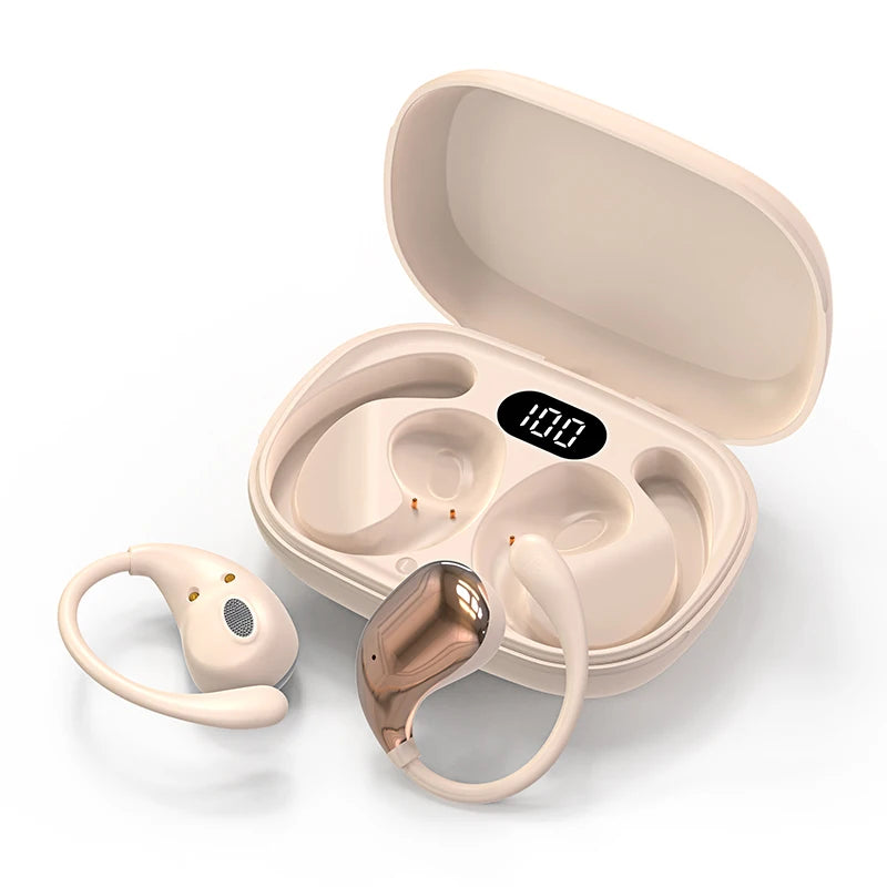 Beige wireless ear hook earbuds with charging case featuring a digital battery display.