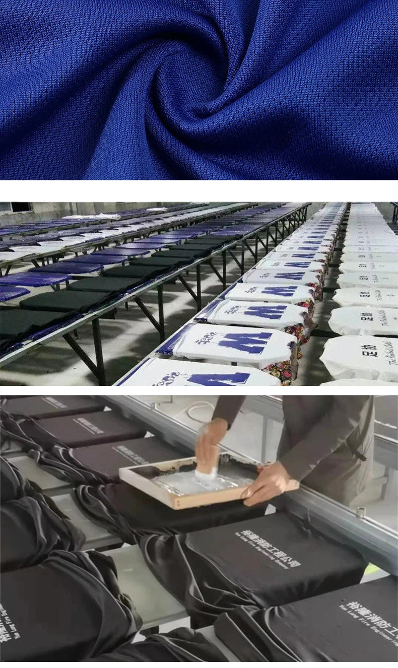 Blue polo fabric, followed by images of black and white work shirts being screen-printed in a factory production line.
