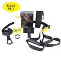 Black adjustable hanging training strap set with handles, anchor, and mesh storage bag.