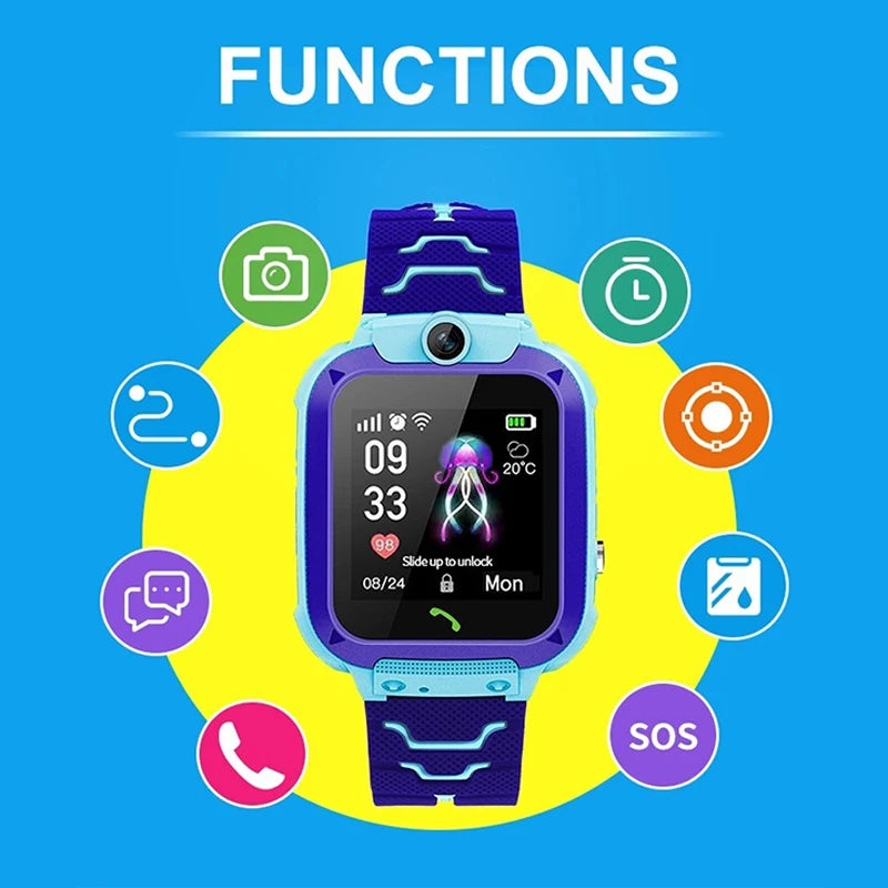 Blue and purple kids' smart watch with touchscreen, built-in camera, and various app icons showing fun functions.