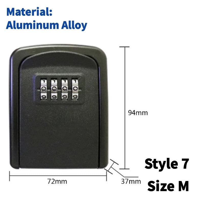 Black aluminum alloy key lock box with a 4-digit combination dial, labeled Style 7, Size M. 94x72x37mm dimensions.