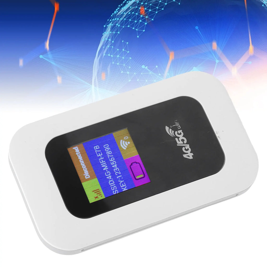 Small, sleek white portable 4G/5G Wi-Fi hotspot with a clear digital status display screen.