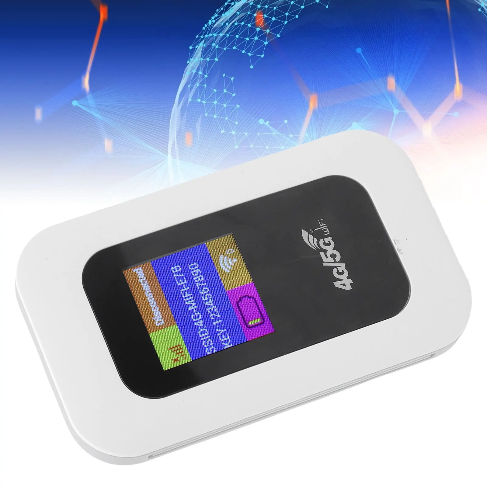 Small, sleek white portable 4G/5G Wi-Fi hotspot with a clear digital status display screen.