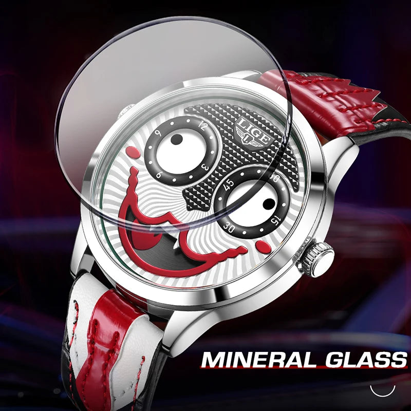 LIGE quartz wristwatch with silver case, red and white leather strap, and joker face dial.