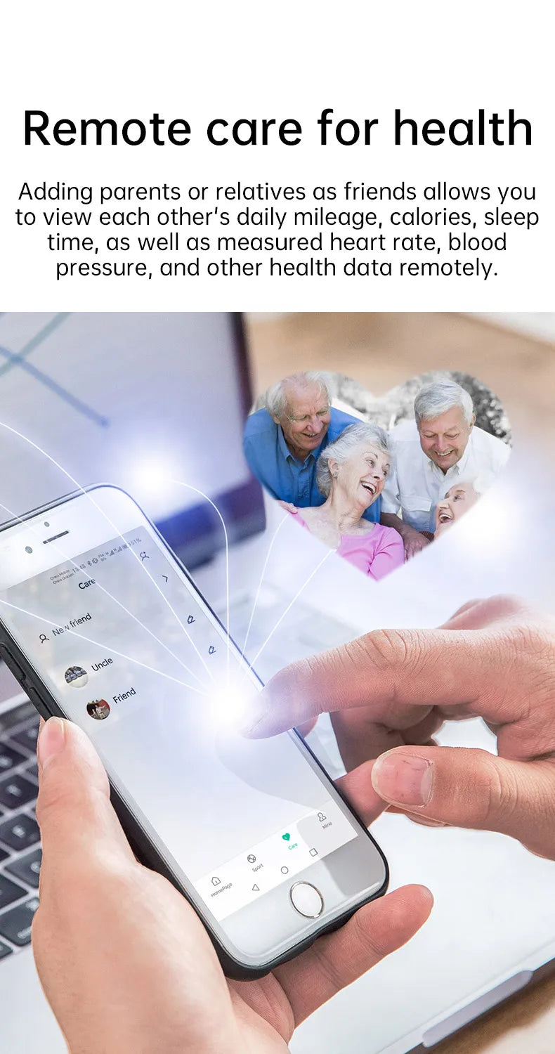 A person using a smartphone app to monitor the health data of family members shown in a heart-shaped overlay.