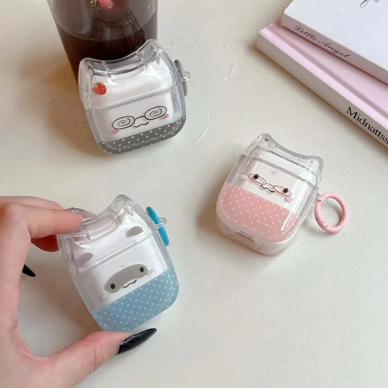 Clear, cat-ear style silicone AirPods cases with cute character designs and polka-dot patterns. Includes carabiners.