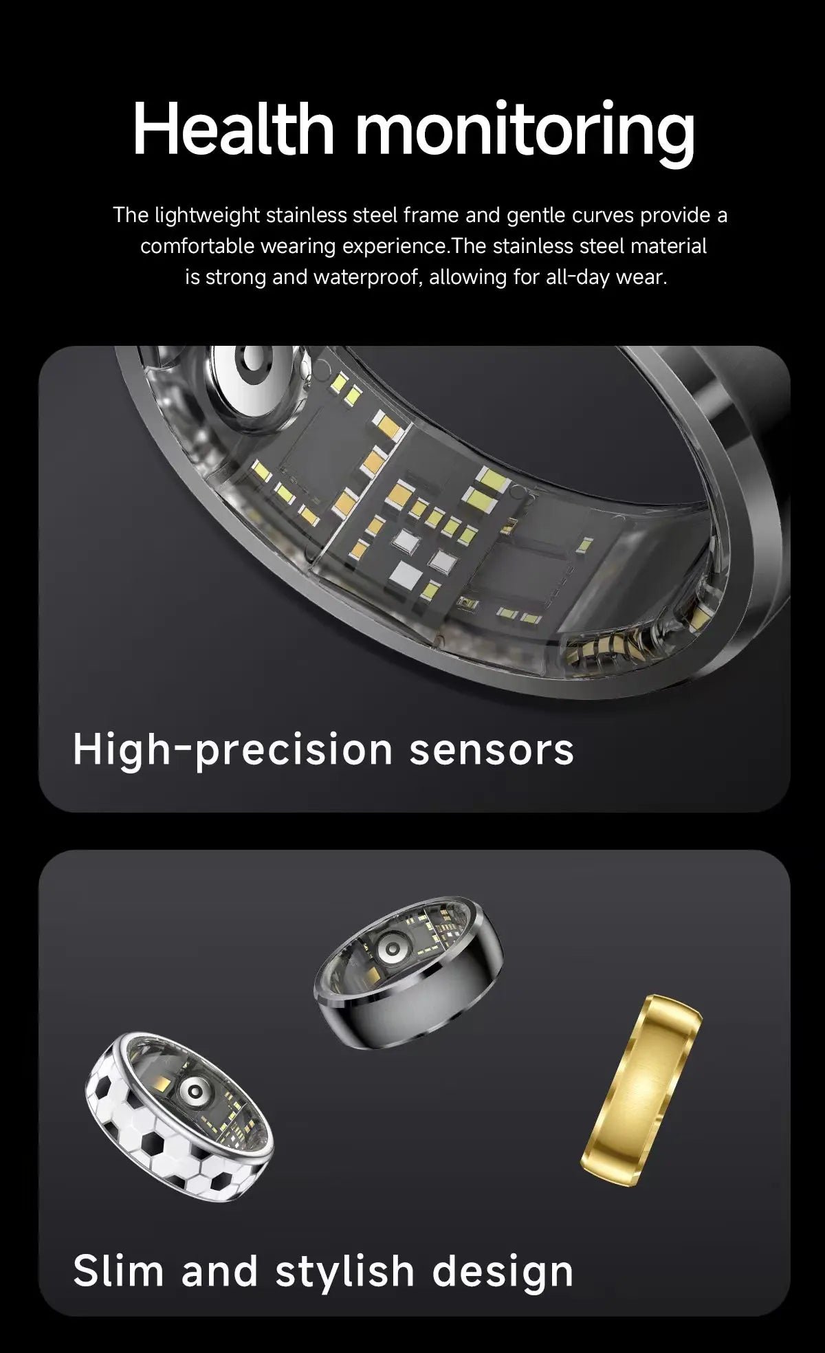 A sleek, stainless steel fitness tracking ring available in black, gold, and white football-patterned finishes.