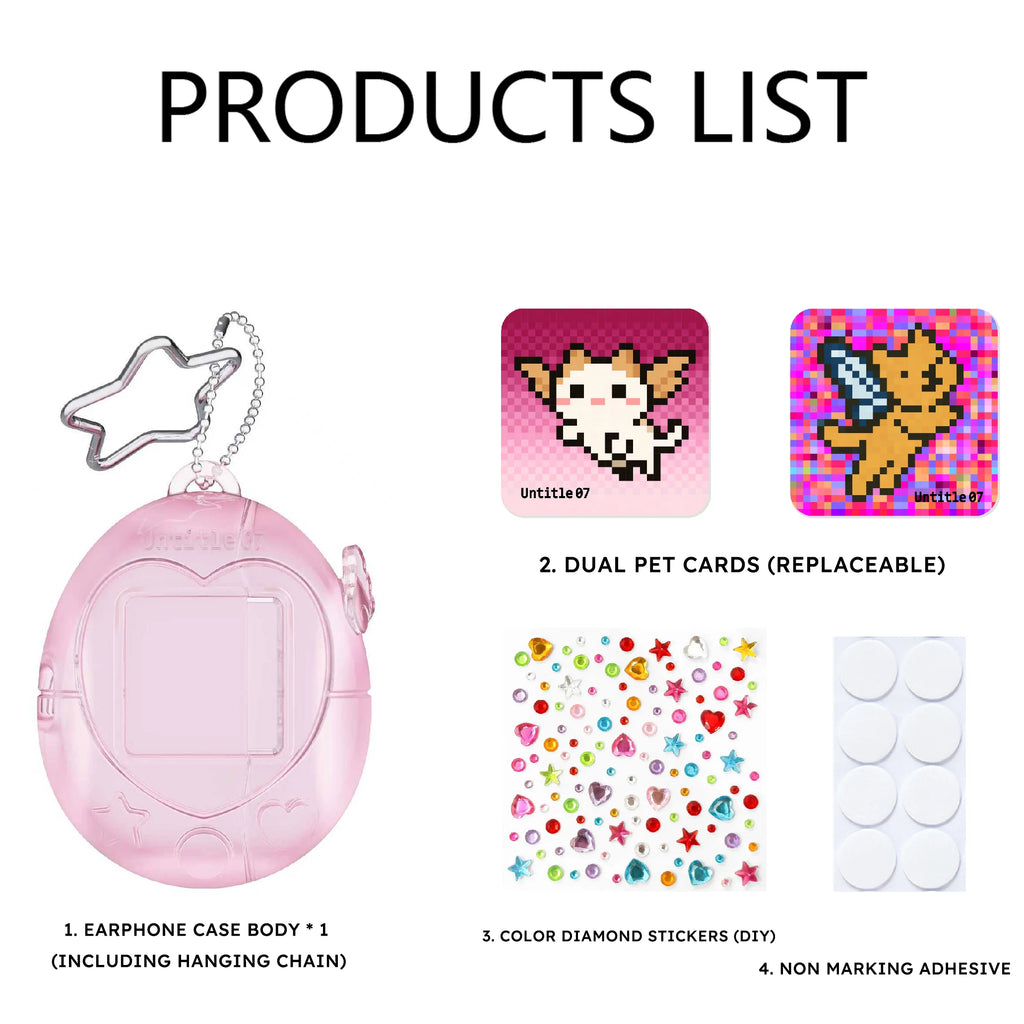 Pink translucent Tamagotchi-style AirPods case with a star keychain, replaceable pet inserts, and DIY gem stickers.