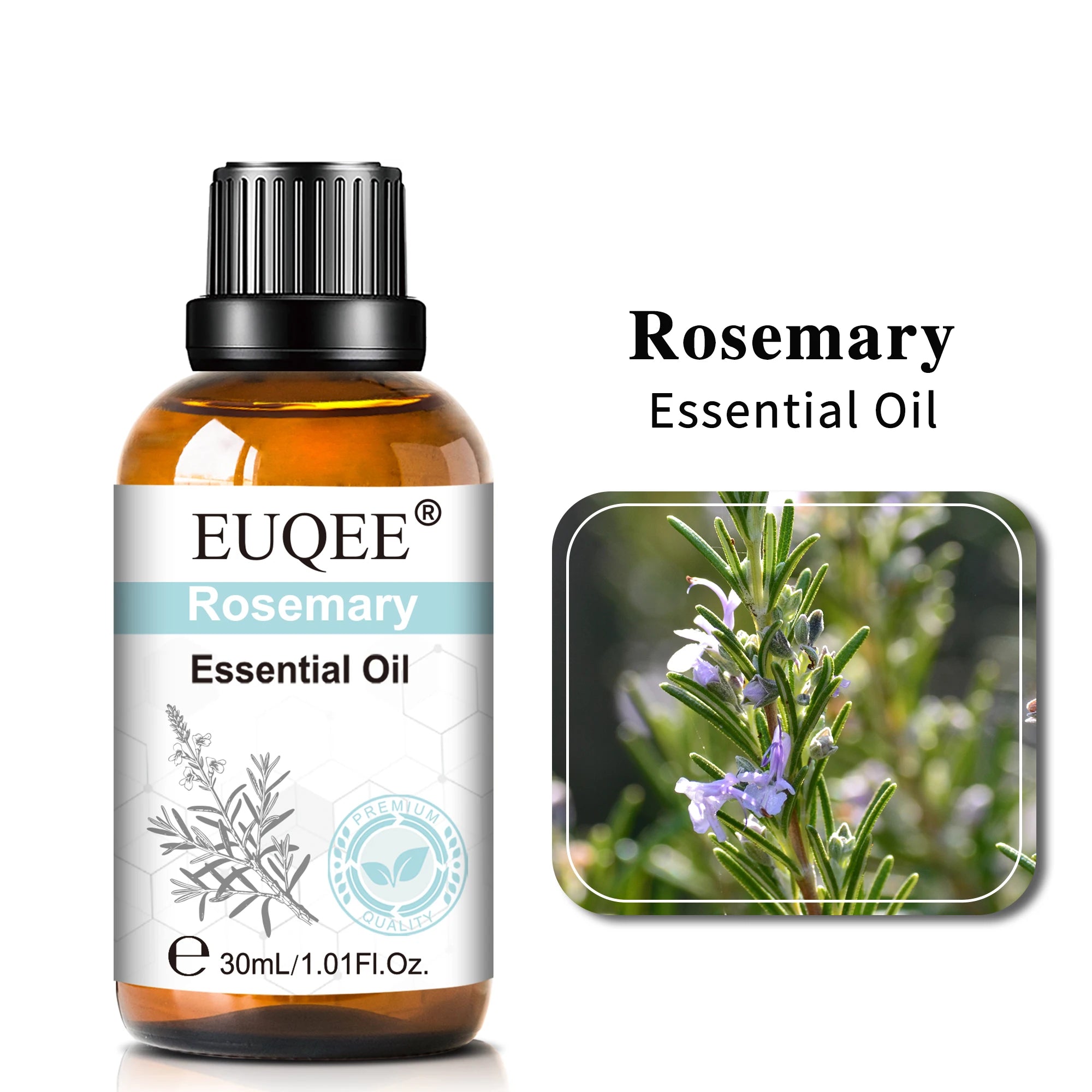 30ml amber glass bottle of rosemary essential oil with black cap and white label featuring a rosemary plant image.
