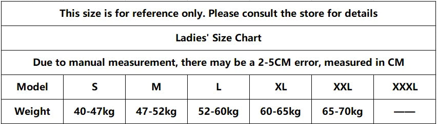 Ladies' clothing size chart table showing weight ranges for sizes S to XXL in a simple black and white grid.