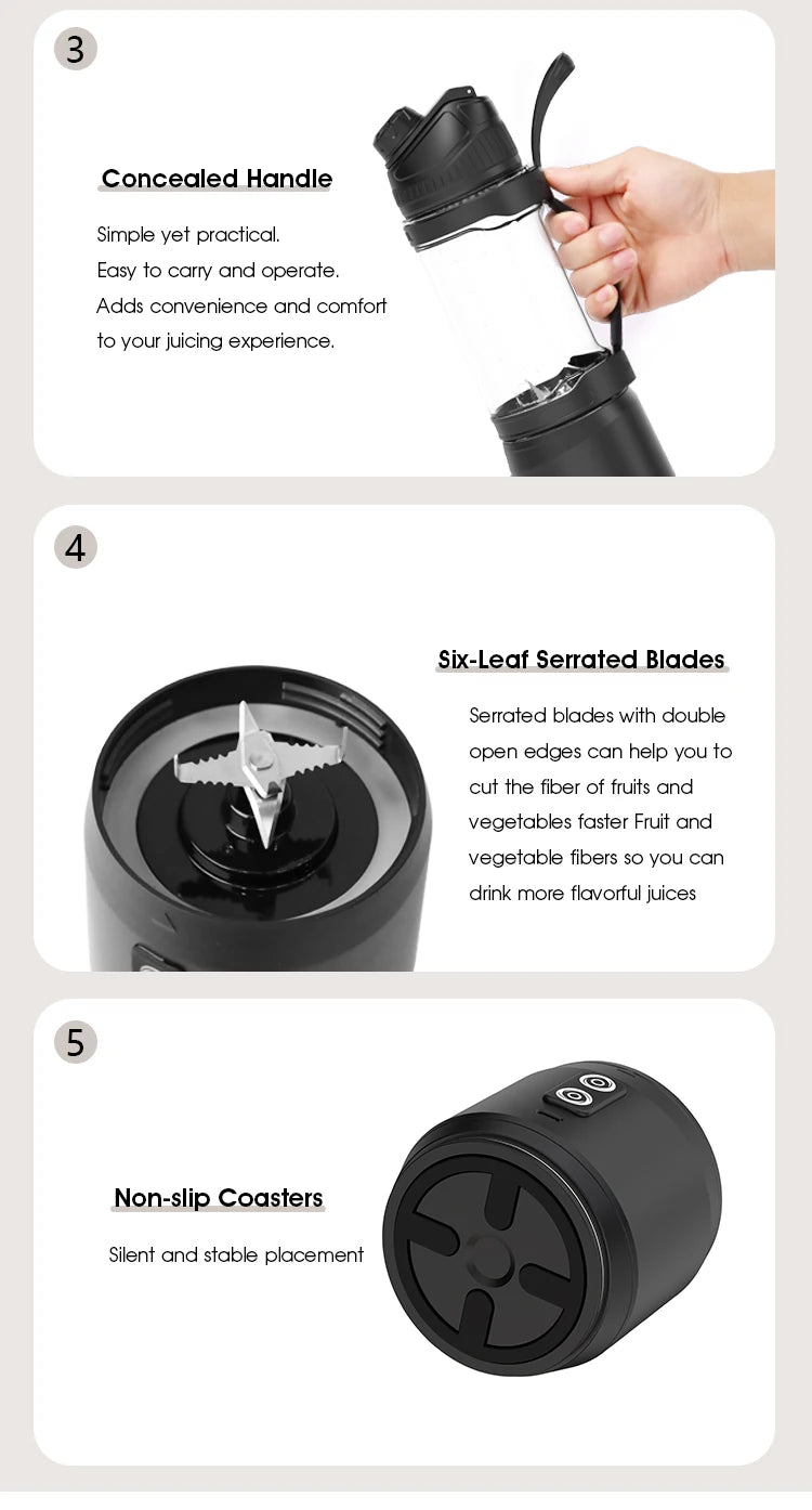 Black portable blender featuring a concealed handle, six-leaf serrated blade, and non-slip base.