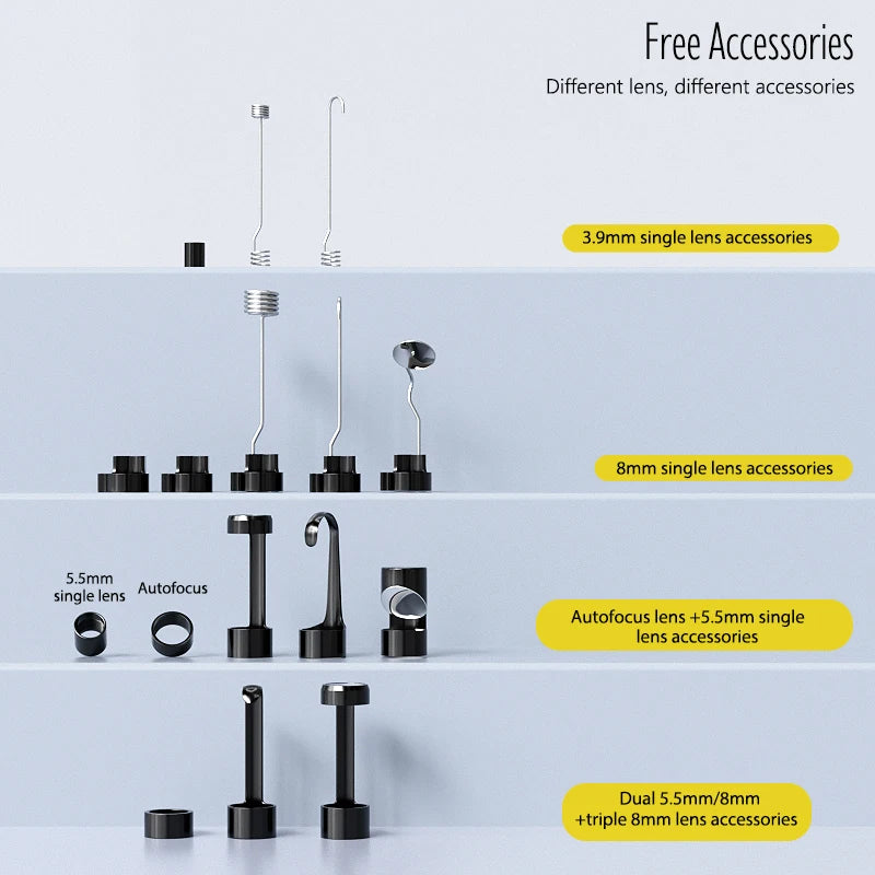 A variety of black endoscope camera attachments, including hooks, magnets, and mirrors, organised by lens compatibility.