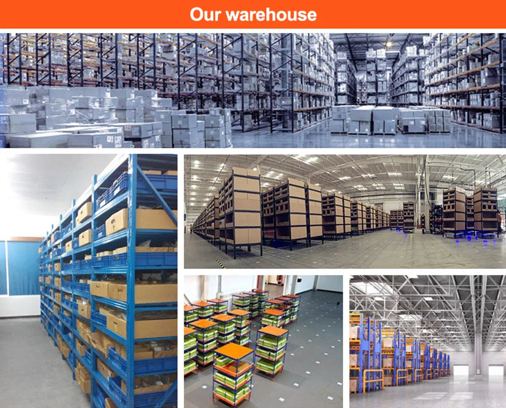 Collage of warehouse storage showing metal shelving units, cardboard boxes, and inventory in an industrial facility.