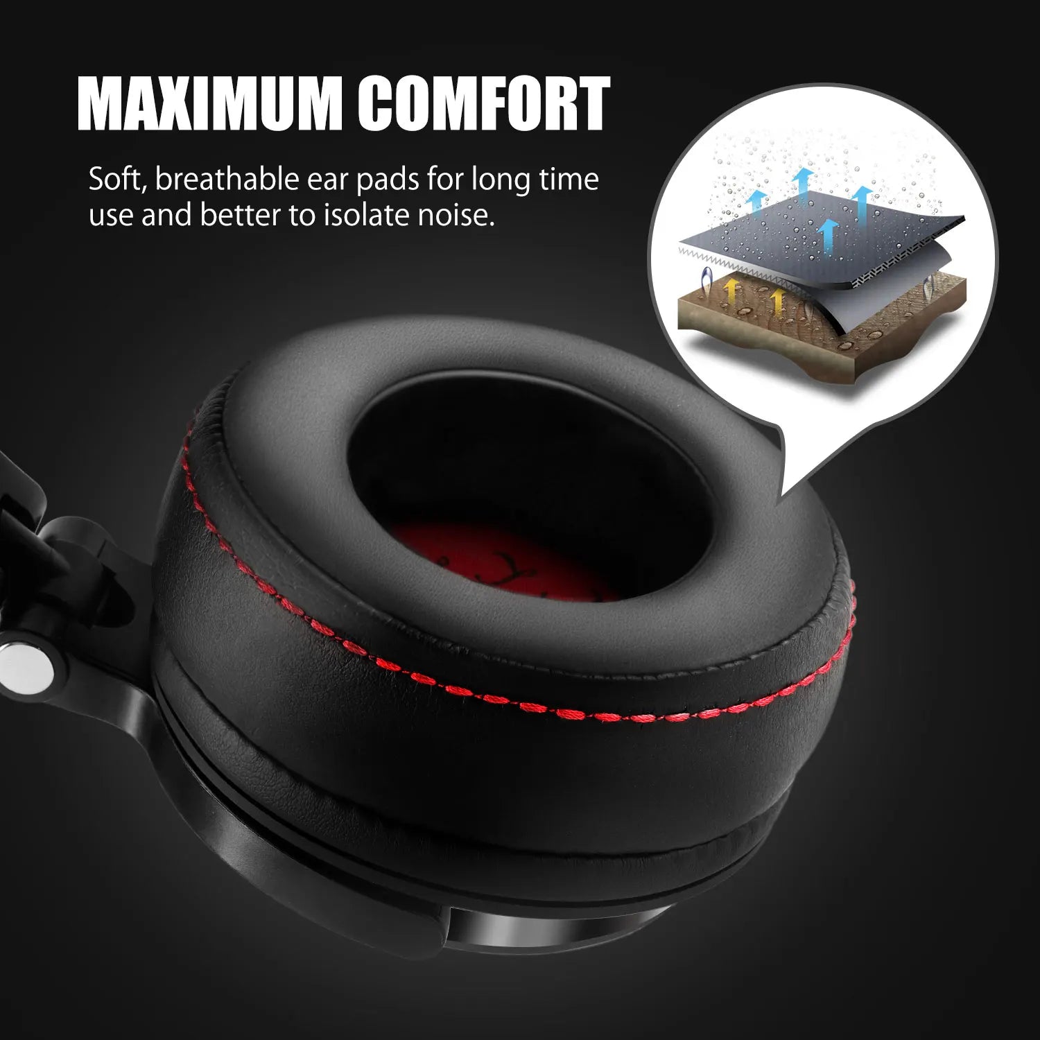 Black studio headphones with soft, padded ear cups featuring red stitching and a diagram of breathable materials.