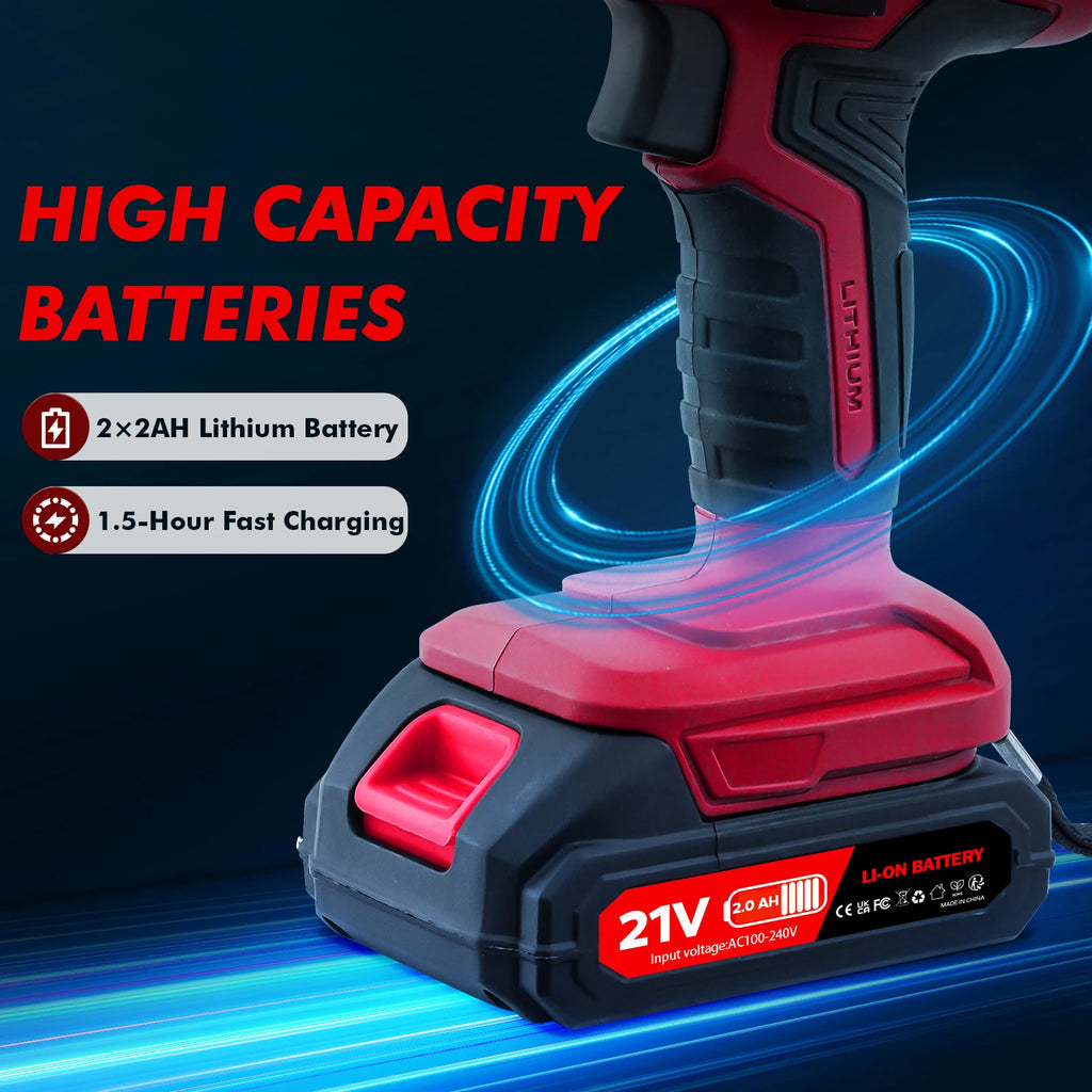 Red and black 21V electric reciprocating saw handle showing the 2.0Ah lithium-ion battery base.
