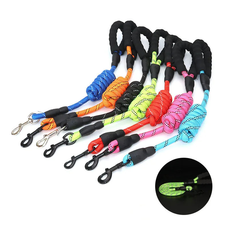 Multi-coloured reflective heavy-duty dog leads with black padded handles and durable metal clips.