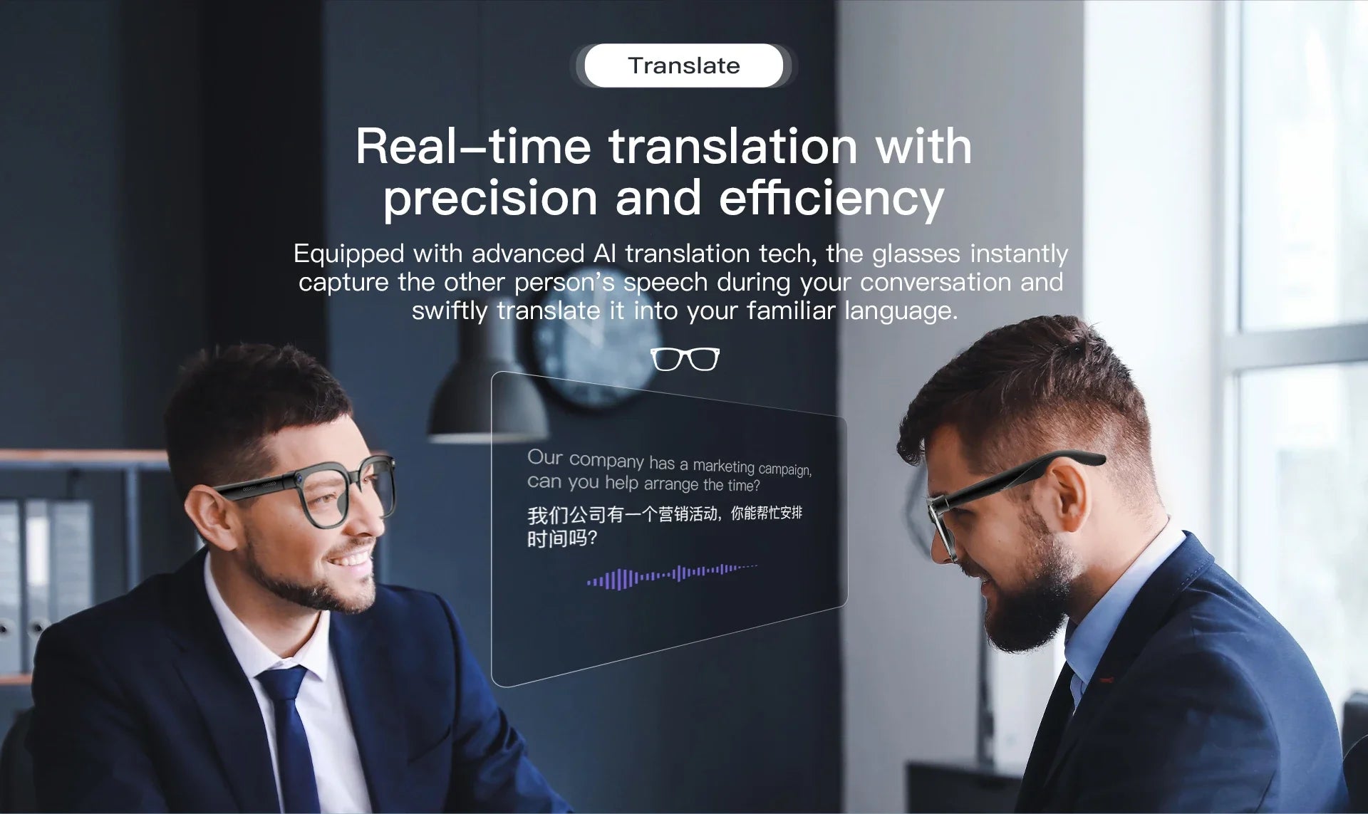 Two men in suits wearing sleek black smart AI translation glasses with built-in cameras, mid-conversation in an office.
