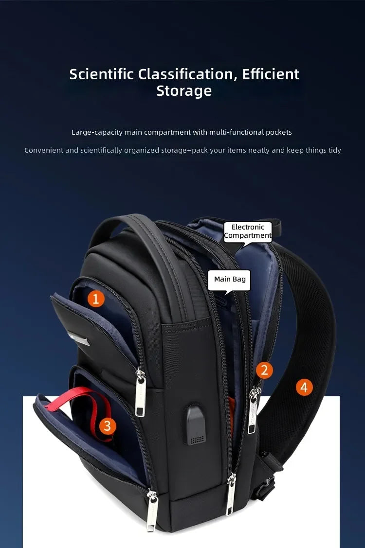 Black waterproof travel sling bag with multiple zip compartments, internal organisation, and an electronic pouch.
