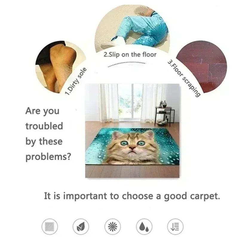 Soft, rectangular entryway rug featuring a cat portrait on a teal, water-droplet background. Keeps floors clean and safe.
