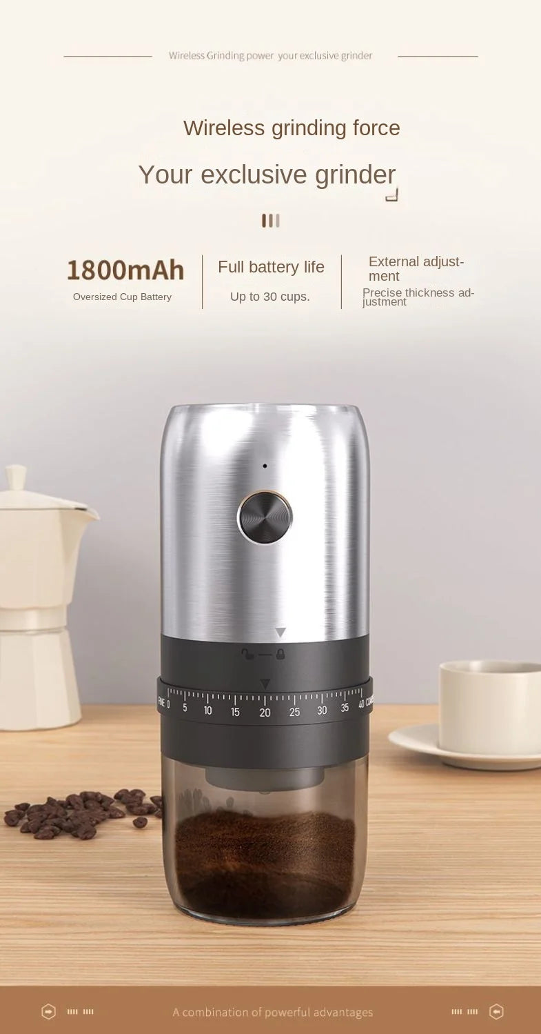 Wireless silver coffee grinder with a black adjustment dial and transparent grounds container on a wooden table.