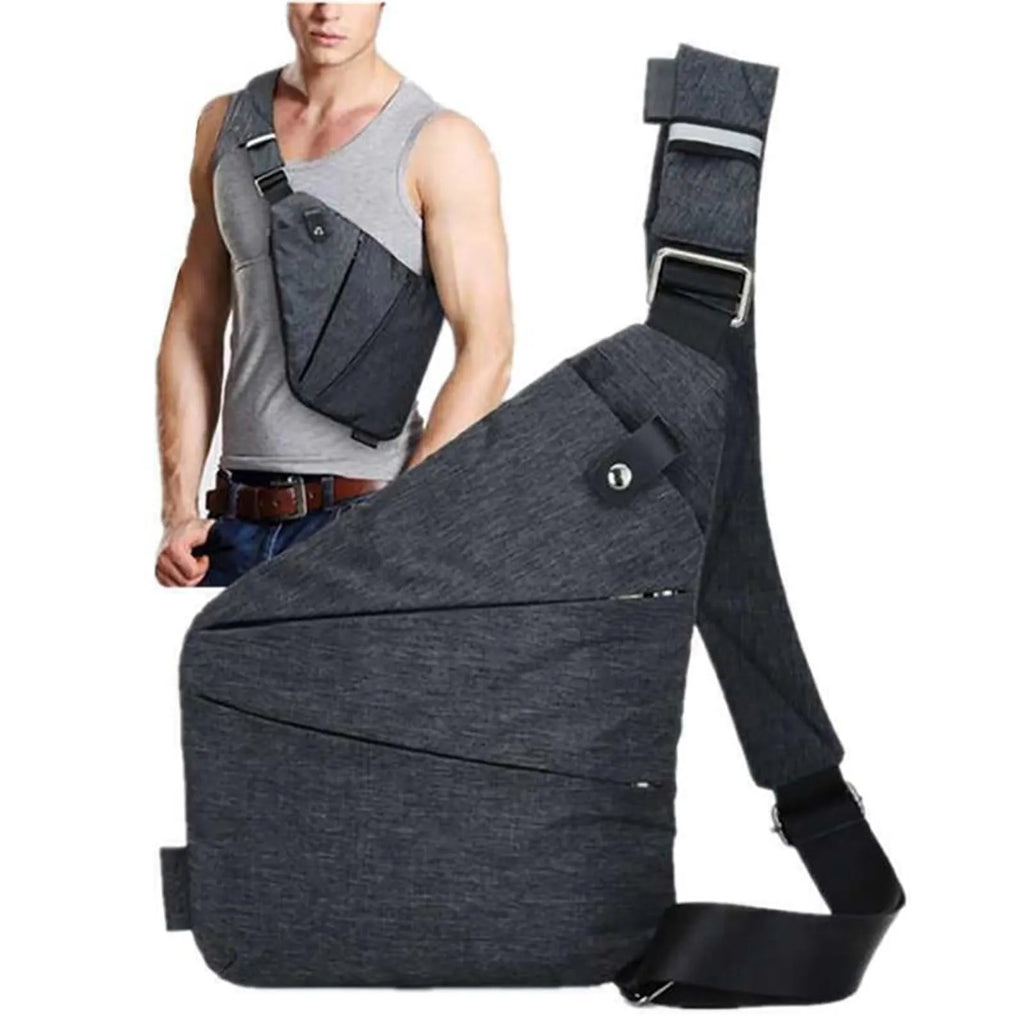 Grey slimline anti-theft crossbody chest bag with adjustable strap and multiple zipped pockets, worn by a man.