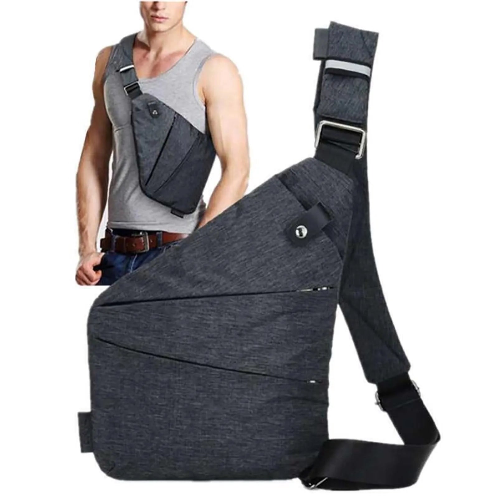 Grey slimline anti-theft crossbody chest bag with adjustable strap and multiple zipped pockets, worn by a man.