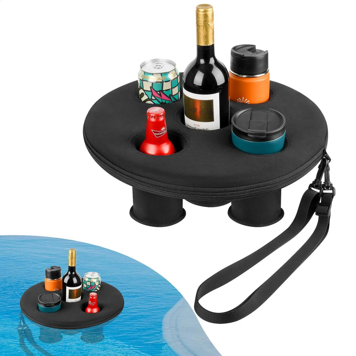 Black floating drink holder for pools with a shoulder strap, holding bottles and cans.